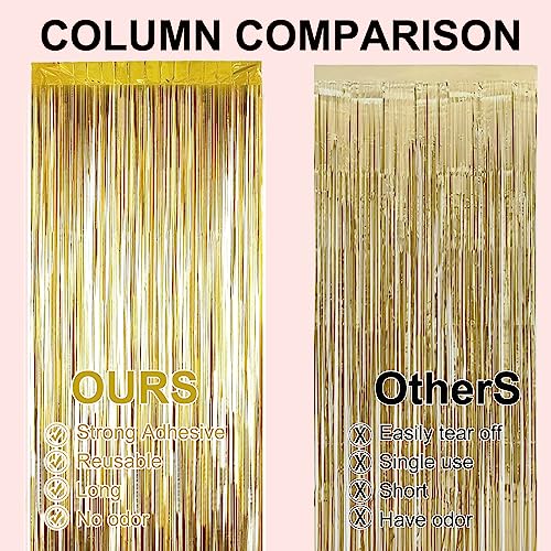 2 Pack 3.2 ft x 9.8 ft Champagne Gold Gold Tinsel Curtain Party Backdrop Decorations, Metallic Foil Fringe Backdrop Door for Birthday Graduation Wedding Party Streamers Photo Backdrop.