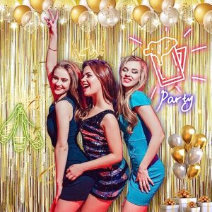 2 Pack 3.2 ft x 9.8 ft Champagne Gold Gold Tinsel Curtain Party Backdrop Decorations, Metallic Foil Fringe Backdrop Door for Birthday Graduation Wedding Party Streamers Photo Backdrop.