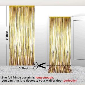 2 Pack 3.2 ft x 9.8 ft Champagne Gold Gold Tinsel Curtain Party Backdrop Decorations, Metallic Foil Fringe Backdrop Door for Birthday Graduation Wedding Party Streamers Photo Backdrop.