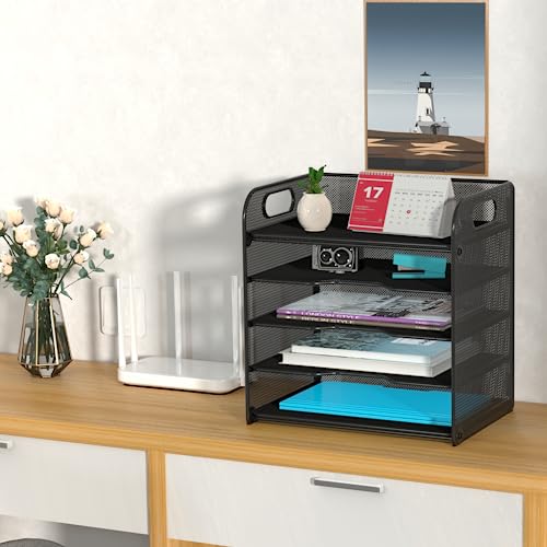 Samstar Mesh Desk Organizer with Handle, 5 Tier Letter Tray Paper Organizer File Sorter Rack Shelves, Black
