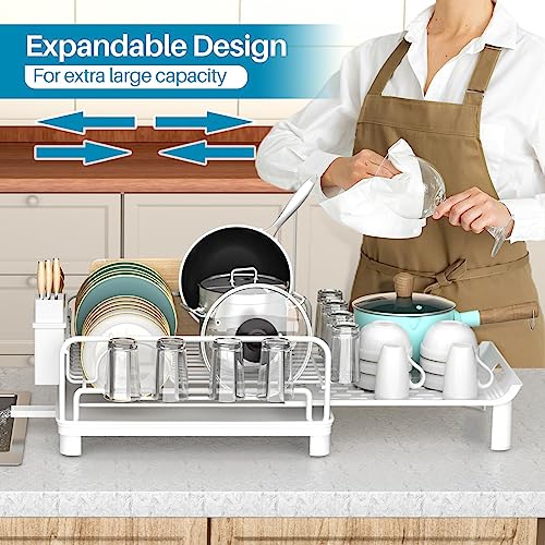 caktraie Dish Drying Rack - Expandable Dish Rack for Kitchen Counter, Rust-Proof Kitchen Dish Drying Rack with Utensil Holder, Cups Holder, White