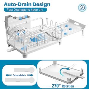 caktraie Dish Drying Rack - Expandable Dish Rack for Kitchen Counter, Rust-Proof Kitchen Dish Drying Rack with Utensil Holder, Cups Holder, White