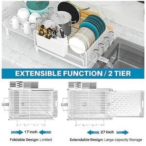 caktraie Dish Drying Rack - Expandable Dish Rack for Kitchen Counter, Rust-Proof Kitchen Dish Drying Rack with Utensil Holder, Cups Holder, White