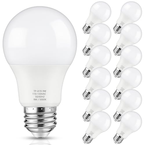 Maylaywood A19 LED Light Bulbs, 60 Watt Equivalent LED Bulb, Daylight White 5000K, 850 Lumens, E26 Standard Base, Non-Dimmable, 9W Bright White LED Bulbs for Living Room Bedroom Home Office, 12-Pack