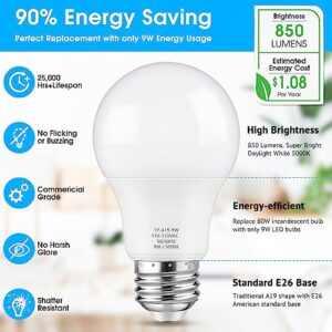 Maylaywood A19 LED Light Bulbs, 60 Watt Equivalent LED Bulb, Daylight White 5000K, 850 Lumens, E26 Standard Base, Non-Dimmable, 9W Bright White LED Bulbs for Living Room Bedroom Home Office, 12-Pack