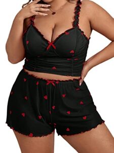 soly hux women's plus size heart print mesh pajama set cami top and shorts lounge sleepwear black heart 5xl