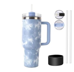 dreaming my dream 40oz tumbler with handle, h2.0 tumbler reusable vacuum, insulated tumbler with lid and straws, insulated cup, leak resistant lid (tie dye blue)