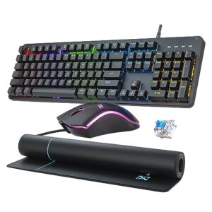mechanical gaming keyboard and mouse combo, 104 keys full size rgb backlit blue switch keyboard, ergonomic rgb gaming mouse with mouse pad, anti-ghosting wired keyboard for windows pc laptop mac gamer