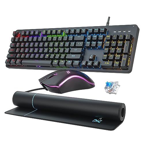 Mechanical Gaming Keyboard and Mouse Combo, 104 Keys Full Size RGB Backlit Blue Switch Keyboard, Ergonomic RGB Gaming Mouse with Mouse Pad, Anti-Ghosting Wired Keyboard for Windows PC Laptop Mac Gamer