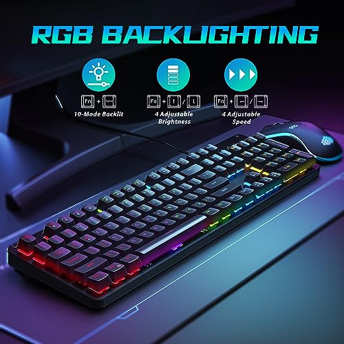 Mechanical Gaming Keyboard and Mouse Combo, 104 Keys Full Size RGB Backlit Blue Switch Keyboard, Ergonomic RGB Gaming Mouse with Mouse Pad, Anti-Ghosting Wired Keyboard for Windows PC Laptop Mac Gamer