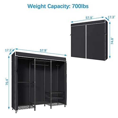 VIPEK V5C Covered Clothes Rack Heavy Duty Portable Closet Wardrobe, Freestanding Black Metal Clothing Rack with Black Dustproof Cover, Adjustable Custom Closet Rack, 57.9"L x 17.3"W x 76.4"H (Medium)