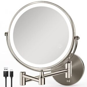 greenfrom rechargeable wall mounted makeup mirror brushed nickel, 8.5'' magnifying mirror with lights double-sided 1x/10x 360° rotation extension bathroom shaving mirror with foldable arm