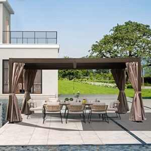 domi outdoor living 12’ x 16’ louvered pergola with adjustable steel roof, outdoor aluminum frame rainproof pergola for backyard, garden and lawn w/netting (dark brown)