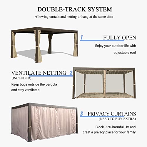 Domi Outdoor Living 12’ x 16’ Louvered Pergola with Adjustable Steel Roof, Outdoor Aluminum Frame Rainproof Pergola for Backyard, Garden and Lawn w/Netting (Dark Brown)