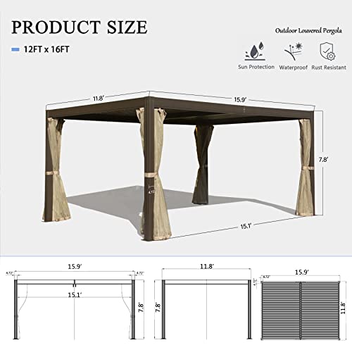 Domi Outdoor Living 12’ x 16’ Louvered Pergola with Adjustable Steel Roof, Outdoor Aluminum Frame Rainproof Pergola for Backyard, Garden and Lawn w/Netting (Dark Brown)