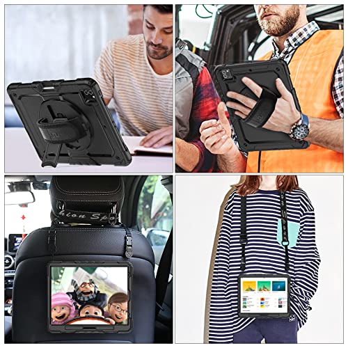 SEYMAC stock iPad Pro 12.9 Case (6th/5th/4th/3rd Gen), [Full-Body] Drop Protection Case with [Screen Protector] 360 Rotating Stand [Pencil Holder] Hand Strap for iPad Pro 12.9''2022-2018 (Black)