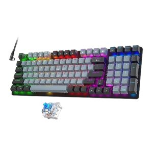 mechanical gaming keyboard, 98 keys rgb backlit keyboard with detachable type-c cable, double shot floating keycaps, blue switch full anti-ghost wired computer keyboard for windows pc mac xbox gamer
