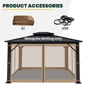 Gazebo Universal Replacement Mosquito Netting, OLILAWN 10' x 12' Outdoor Canopy Net Screen 4-Panel Sidewall Curtain, with Zippers, Easy to Install, Fit for Most Gazebo 10x12 Canopy, Khaki