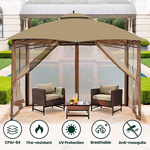 Gazebo Universal Replacement Mosquito Netting, OLILAWN 10' x 12' Outdoor Canopy Net Screen 4-Panel Sidewall Curtain, with Zippers, Easy to Install, Fit for Most Gazebo 10x12 Canopy, Khaki