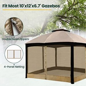 Gazebo Universal Replacement Mosquito Netting, OLILAWN 10' x 12' Outdoor Canopy Net Screen 4-Panel Sidewall Curtain, with Zippers, Easy to Install, Fit for Most Gazebo 10x12 Canopy, Khaki