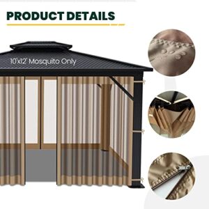 Gazebo Universal Replacement Mosquito Netting, OLILAWN 10' x 12' Outdoor Canopy Net Screen 4-Panel Sidewall Curtain, with Zippers, Easy to Install, Fit for Most Gazebo 10x12 Canopy, Khaki