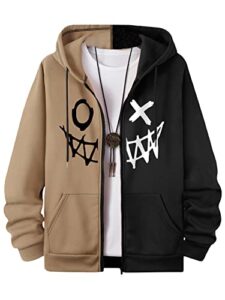 gorglitter men's color block long sleeve zip up hoodie cartoon graphic drawstring hooded sweatshirt tops black and khaki large