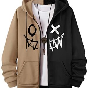 GORGLITTER Men's Color Block Long Sleeve Zip Up Hoodie Cartoon Graphic Drawstring Hooded Sweatshirt Tops Black and Khaki Large