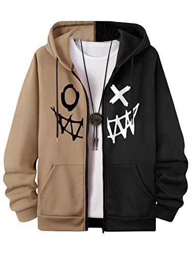 GORGLITTER Men's Color Block Long Sleeve Zip Up Hoodie Cartoon Graphic Drawstring Hooded Sweatshirt Tops Black and Khaki Large