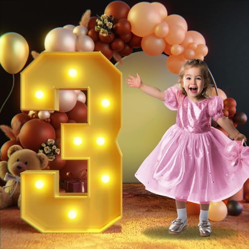 imprsv 3FT Marquee Light Up Numbers, Marquee Numbers for 30th Birthday Decorations Anniversary Party Decor, Mosaic Numbers for Balloons Number 3, Marquee light up letters, Pre-Cut Foam Board Kit