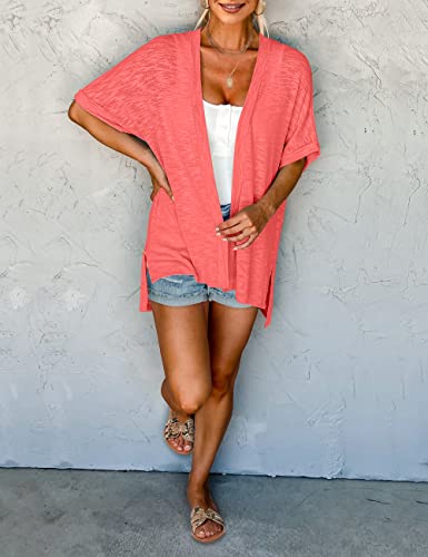 MEROKEETY Womens 2023 Summer Lightweight Cardigan Short Sleeve Open Front Casual Loose Cover Ups,Coral,XXL