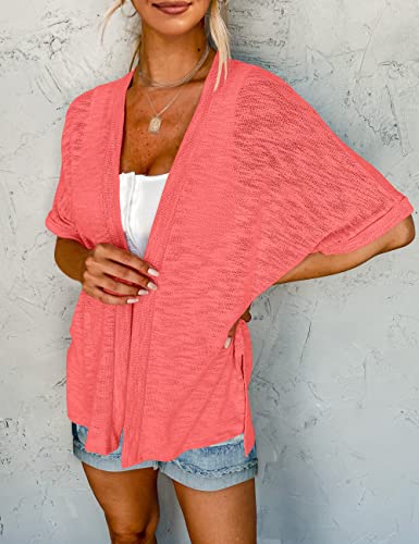 MEROKEETY Womens 2023 Summer Lightweight Cardigan Short Sleeve Open Front Casual Loose Cover Ups,Coral,XXL