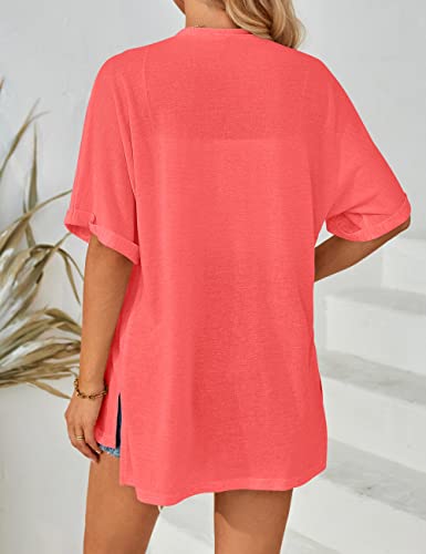 MEROKEETY Womens 2023 Summer Lightweight Cardigan Short Sleeve Open Front Casual Loose Cover Ups,Coral,XXL