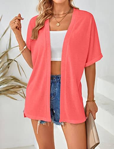 MEROKEETY Womens 2023 Summer Lightweight Cardigan Short Sleeve Open Front Casual Loose Cover Ups,Coral,XXL