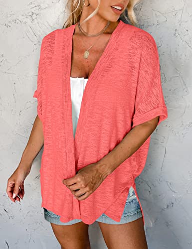 MEROKEETY Womens 2023 Summer Lightweight Cardigan Short Sleeve Open Front Casual Loose Cover Ups,Coral,XXL