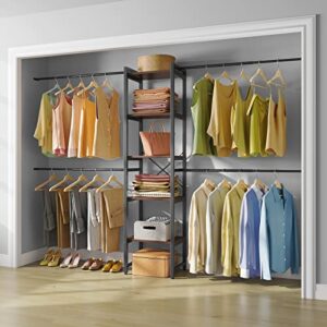 timate p6 medium clothes rack heavy duty closet organizer system wall mounted, 4 expandable hanging rods 5 tiers adjustable storage closet shelves tower hanging closet kit fits space 5.3-8.3 ft black
