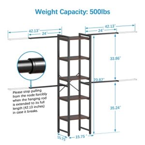 Timate P6 Medium Clothes Rack Heavy Duty Closet Organizer System Wall Mounted, 4 Expandable Hanging Rods 5 Tiers Adjustable Storage Closet Shelves Tower Hanging Closet Kit Fits Space 5.3-8.3 ft Black