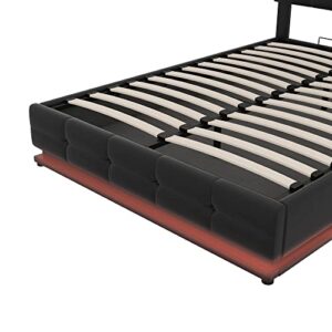 QVUUOU Full Size Tufted PU Upholstered Platform Bed, Bedroom Furniture Bed Frame with Hydraulic Storage System, LED Lights and USB Charger, for Kids & Teens (Black Upholstered Platform Bed)