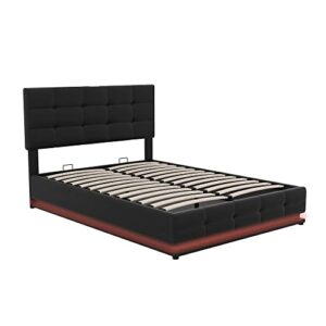 QVUUOU Full Size Tufted PU Upholstered Platform Bed, Bedroom Furniture Bed Frame with Hydraulic Storage System, LED Lights and USB Charger, for Kids & Teens (Black Upholstered Platform Bed)
