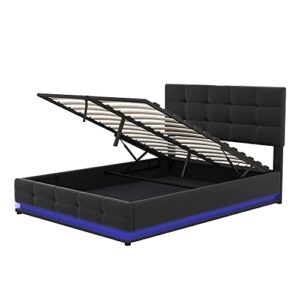 QVUUOU Full Size Tufted PU Upholstered Platform Bed, Bedroom Furniture Bed Frame with Hydraulic Storage System, LED Lights and USB Charger, for Kids & Teens (Black Upholstered Platform Bed)