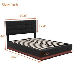 QVUUOU Full Size Tufted PU Upholstered Platform Bed, Bedroom Furniture Bed Frame with Hydraulic Storage System, LED Lights and USB Charger, for Kids & Teens (Black Upholstered Platform Bed)