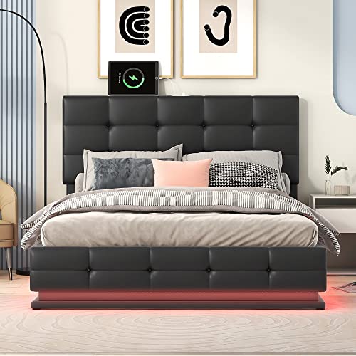 QVUUOU Full Size Tufted PU Upholstered Platform Bed, Bedroom Furniture Bed Frame with Hydraulic Storage System, LED Lights and USB Charger, for Kids & Teens (Black Upholstered Platform Bed)