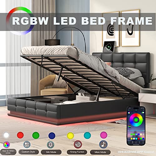 QVUUOU Full Size Tufted PU Upholstered Platform Bed, Bedroom Furniture Bed Frame with Hydraulic Storage System, LED Lights and USB Charger, for Kids & Teens (Black Upholstered Platform Bed)