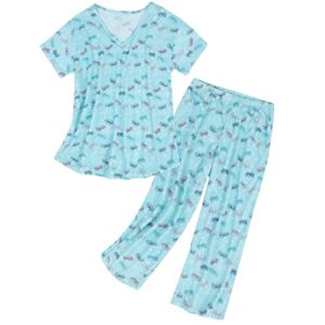 Women Summer Pajamas Soft Sleepwear Top with Capri Pants Ladies ShortSleeve Cotton Pajamas Sets Blue Butterfly Large