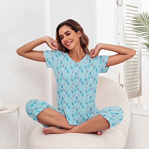 Women Summer Pajamas Soft Sleepwear Top with Capri Pants Ladies ShortSleeve Cotton Pajamas Sets Blue Butterfly Large