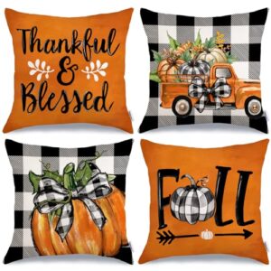 geeory fall decorative throw pillow covers 18 x 18 inch set of 4, pumpkins thankful blessed buffalo plaid fall decor outdoor farmhouse pillow cases for home couch (orange color) g337-18