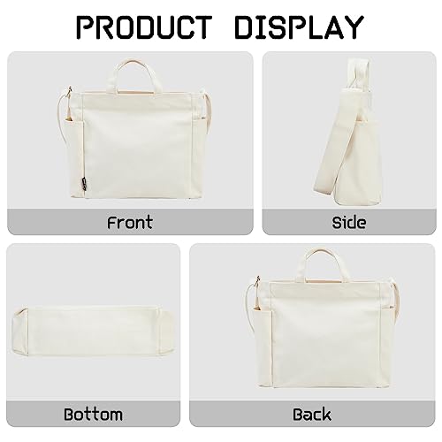 Plusfeel Canvas Tote Bag, Stylish Satchel Bag Lightweight Cotton Cross Body Top Zipper Closure Handbags for Women White