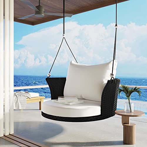 P PURLOVE Single Person Wicker Hanging Seat,Porch Swing Bench with Hanging Ropes,Cushion, Pillow, Rattan Swing Bench for Garden, Backyard, Pond