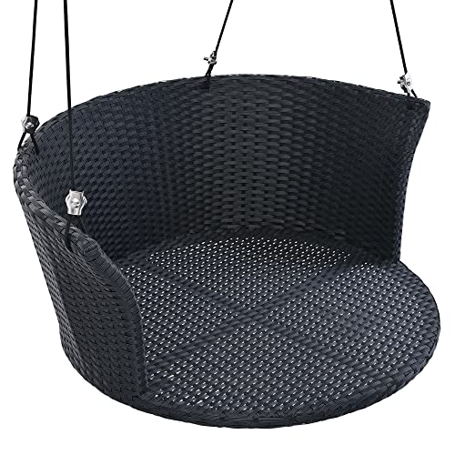 P PURLOVE Single Person Wicker Hanging Seat,Porch Swing Bench with Hanging Ropes,Cushion, Pillow, Rattan Swing Bench for Garden, Backyard, Pond