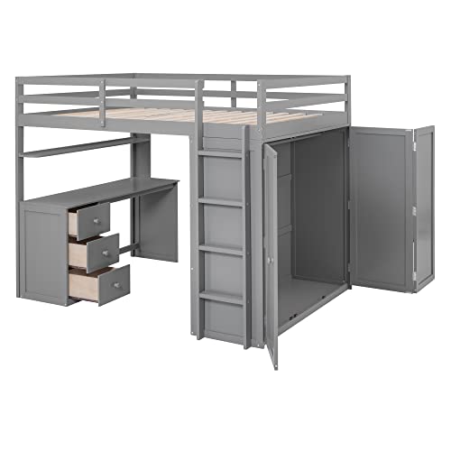 Merax Loft Bed Full Size Adult, Wooden Frame with Desk and Wardrobe, Storage Design with Drawers & Shelf, for Teen Girls & Boys(Grey)