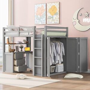merax loft bed full size adult, wooden frame with desk and wardrobe, storage design with drawers & shelf, for teen girls & boys(grey)